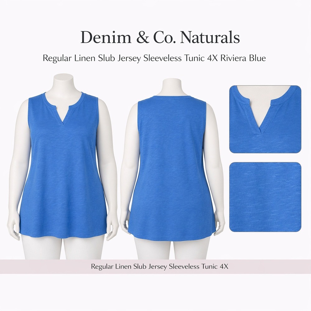 Denim & Co Naturals Linen Slub Jersey‎ Sleeveless Tunic Riviera Blue 4X New